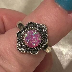 Adjustable Size Sterling Silver Pink lab Opal Ring